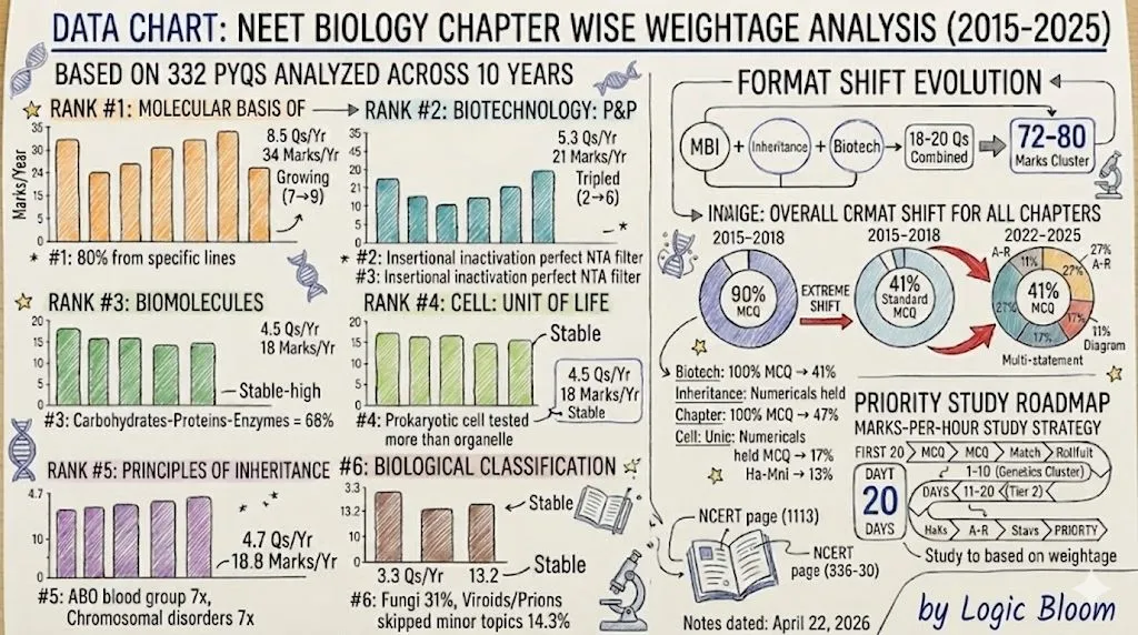 Data chart showing NEET Biology chapter wise weightage from 332 PYQs analyzed 2015 to 2025 — chapter ranking marks per year format evolution